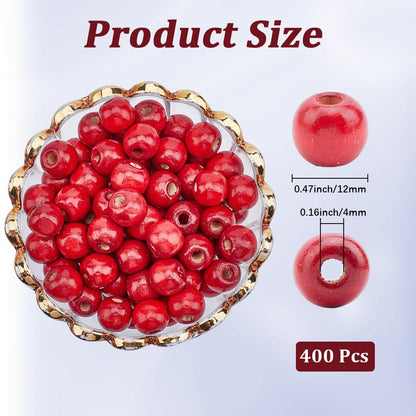 PONABEADIY 400PCS 12MM Red Wood Macrame Beads with Large Holes Natural Round Dyed Wooden Vintage Hair Solid Loose Spacer Loose Bead Bulk for Jewelry Making Christmas Holiday Garland DIY Craft Supply