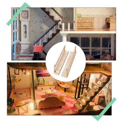 DICOSMETIC 2 Sets 2 Styles Miniature Dollhouse Stairs 1:12 Scale Wooden Stairs Miniature Ornaments with Single Left Right Handrail Dollhouse Furniture Model for Scene Landscape Decor