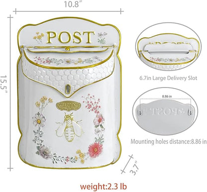 Wall Mount Mailbox for Outside Vintage Mail Boxes for House Outside Metal Door Mailbox Drop Box Antique Style Nostalgic Charm Home Decorative, Bee Pattern, White