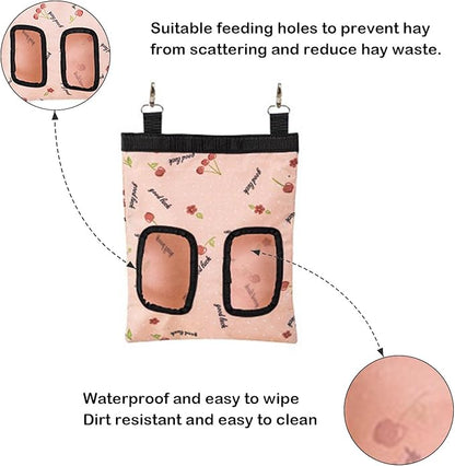Rabbit Hay Feeder Bag, Large Capacity Rabbit Hay Bag Small Animal Hanging Hay Bag 600D Oxford Cloth Bunny Hay Feeder Bag for Rabbits Guinea Pigs Chinchillas (Pink-2 Holes-2Pcs)