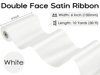 HUIHUANG Thick White Satin Ribbon 6 inch Extra Wide Double-Faced Satin Ribbon for Chair Sashes, Gift Wrapping, Large Bows, Sewing Crafts, Wreaths, Christmas Wedding Decor- Continuous 10 Yards