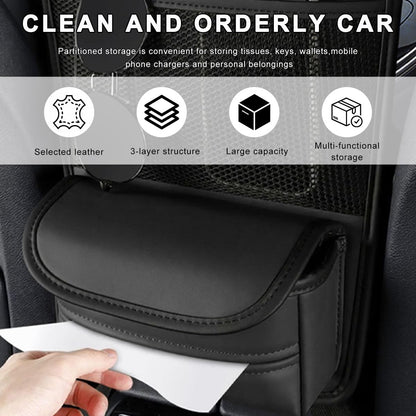 MTRPS Car Purse Holder Between Seats, Nappa Leather Front Seat Storage Bag with Tissue Holder, Large Capacity Automotive Console Organizer for Document Phone Wallet, Car Accessories (Black)