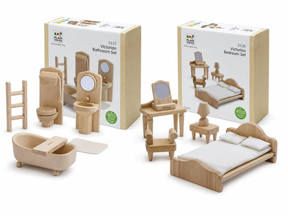 PlanToys® Wooden Victorian Bathroom & Bedroom Dollhouse Furniture Set | Montessori 1:12 Scale Pretend Play Bundle for Daily Routines, Self Care, Rest & Eco Friendly Storytelling Play