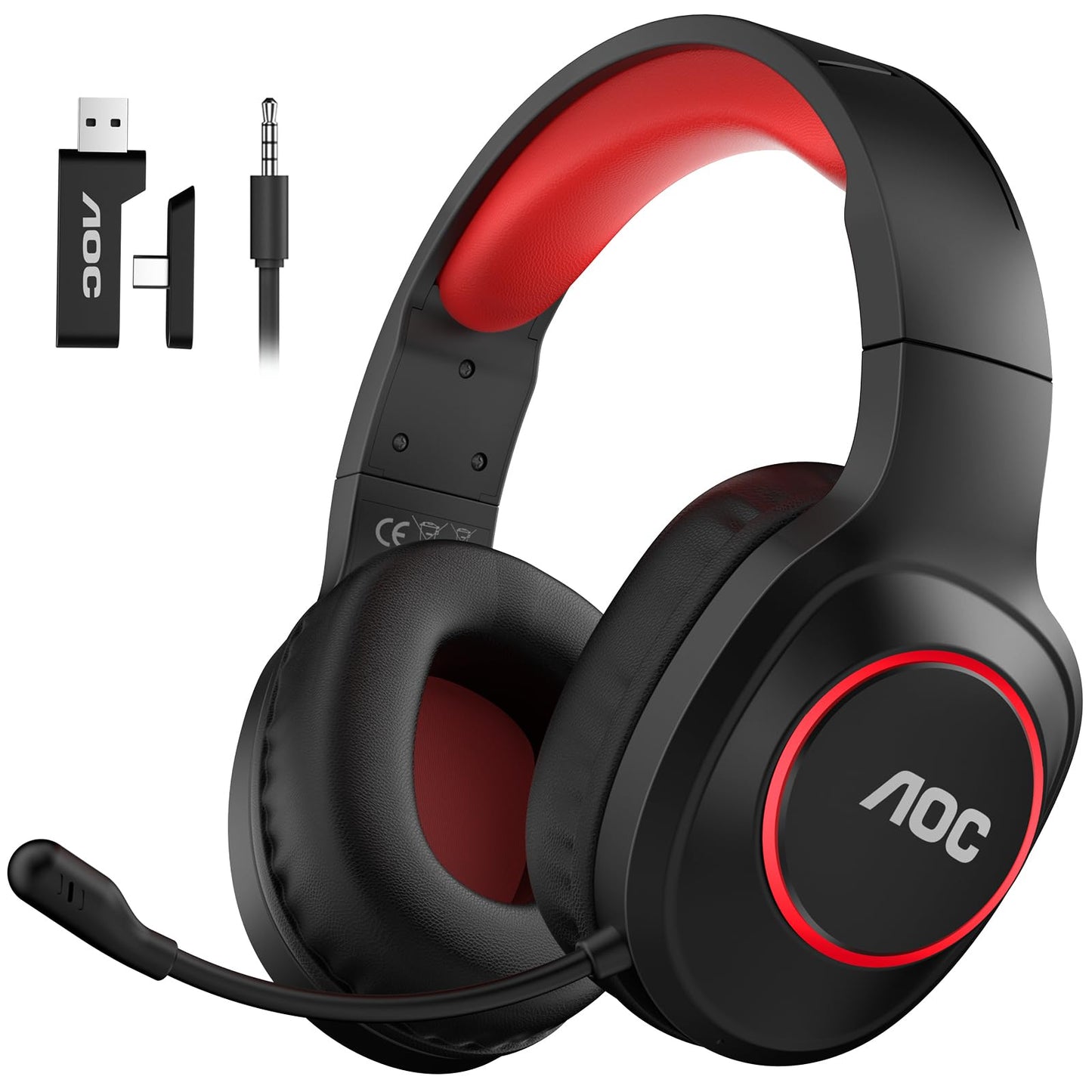 AOC Bluetooth Gaming Headset with Mic for PC, PS5/4, Nintendo Switch, 2.4GHz Wireless Gaming Headphones with RGB, USB-C, 7.1 Virtual Surround 20ms, Latency, 45H Playtime- Red