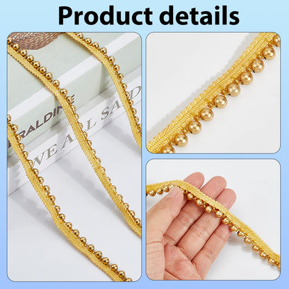 CABODYALS 1/2 Inch 10 Yards Gold Woven Ball Bead Tassel Trim Braid Fringe Edging with Beads Golden Lace Decorative Edge Trimming Polyester Ribbon for Sewing Making Party Wedding DIY Craft Supplies