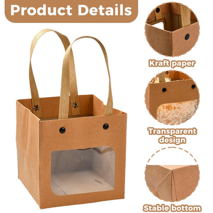 Echoed Elegance Kraft Paper Bags with Nylon Handles and Clear Window, 10 Pieces, 2 Styles, Square Gift and Shopping Bags for Retail, Party, Wedding, Craft Packaging (White)