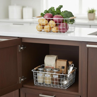 HDYOUDO White Metal Wire Food Storage Basket with Wooden Handles for Organizing Snack Basket,Pantry Organizers and Storage for Kitchen Cabinets 4 Pack (Medium)