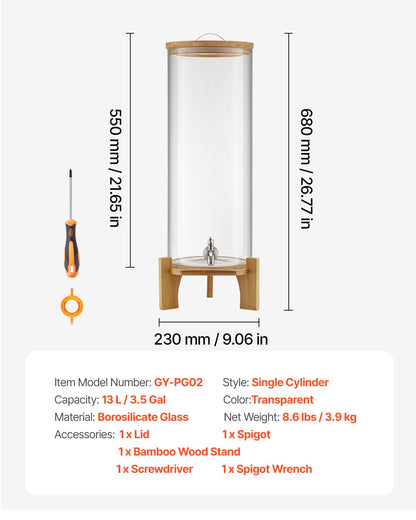 VEVOR Beverage Dispenser, 3.5 Gallon Drink Dispensers for Parties, Glass Juice Dispenser with Wood Stand, Stainless Steel Spigot, Iced Tea Lemonade Juice Water Dispensers for Parties