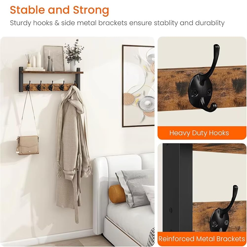 Morphesa Wall Mounted Coat Rack with Shelf, Wooden Entryway Shelf with 5 Metal Hooks, Rustic Wall Coat Rack for Jackets, Hats, Bags & Keys