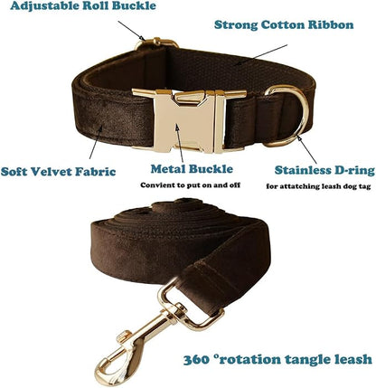 Love Dream Velvet Dog Collar and Leash Set, Soft & Comfy Adjustable Dog Leash and Collar with Heavy Duty Metal Buckle for Small Medium Large Dogs Training & Walking (XLarge, Brown)