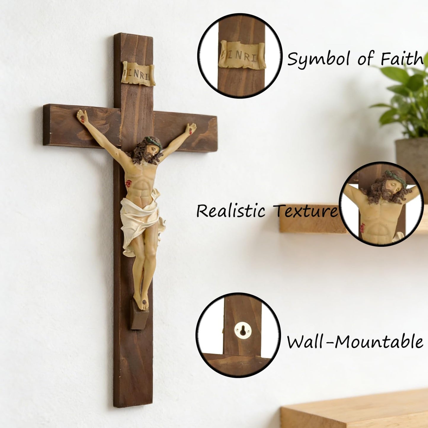 ENNAS Large Wall Crucifix with Resin Jesus Figurine 19 Inch Wooden Cross with Metal Hook Handcrafted Religious Wall Decor for Home, Church, or Prayer Room Christian Catholic Gift