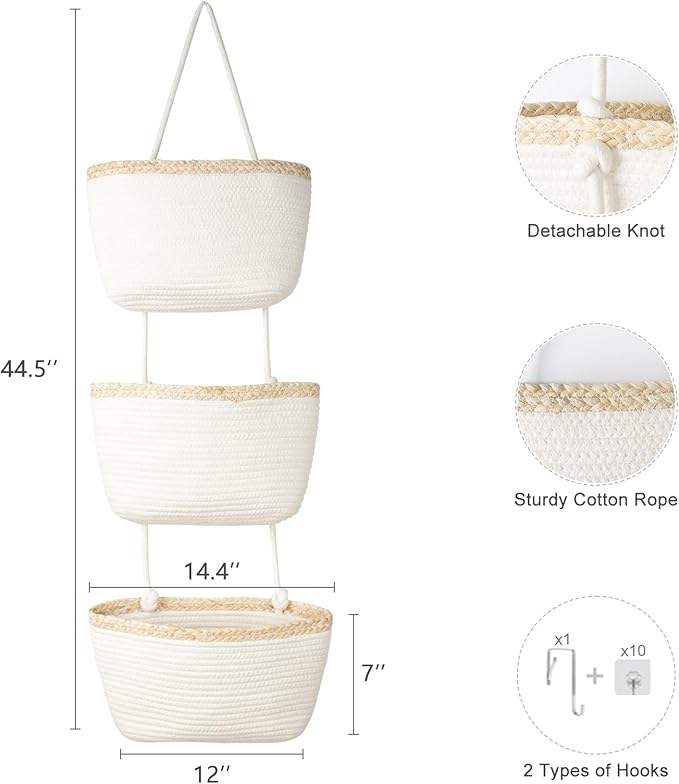TeoKJ Over the Door Hanging Basket, 3-Tier Woven Cotton Wall-Mounted Storage