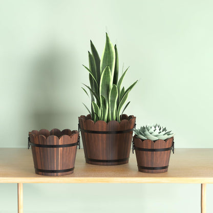 HakkaGirl Wooden Bucket Barrel Planters, Rustic Patio Planters Flower Pots for Plants Indoor Décor, Set of 3
