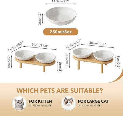 Havniva Elevated Cat Bowls Raised Ceramic Cat Bowl, 5.7” Wide Opening Cat Food Bowl Whisker Friendly Cat Dish Anti-Slip with Bamboo Stand, Shallow Pet Food & Water Bowl for Indoor Cats