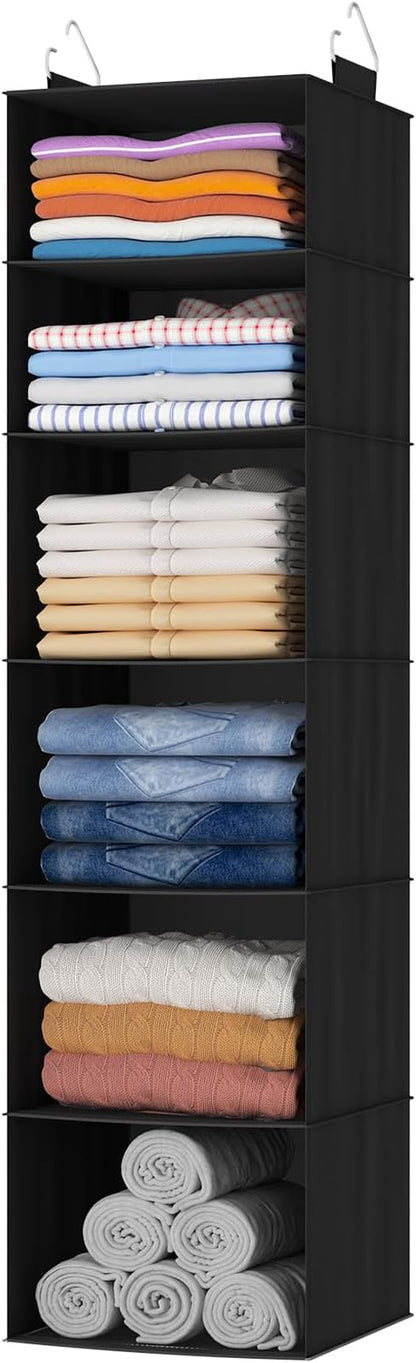 Lifewit 6 Tier Hanging Closet Organizer and Storage for Shelves, 1 Pack Foldable Clothes Shelf with 2 Sturdy Hooks, Sweater/Coat/Shoes Clothing Organization for Wardrobe, Dorm, Bedroom, Black