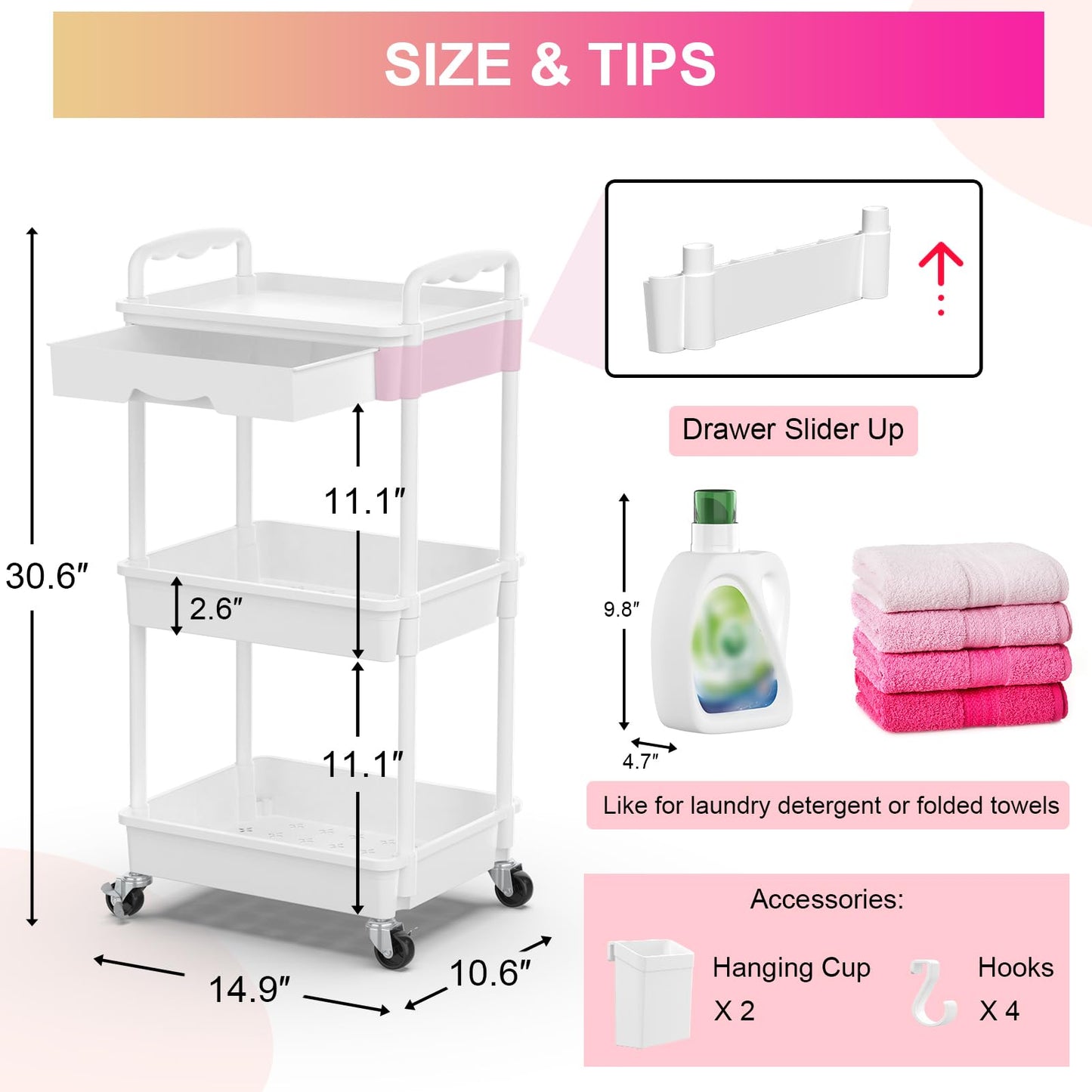 Goovilla 3 Tier Rolling Utility Cart Organizer with Removable Drawer, Stable and Sturdy Black Rolling Storage Carts with 2 Lockable Wheels for Bathroom, Kitchen, Snack, Craft, Makeup, Baby Essentials