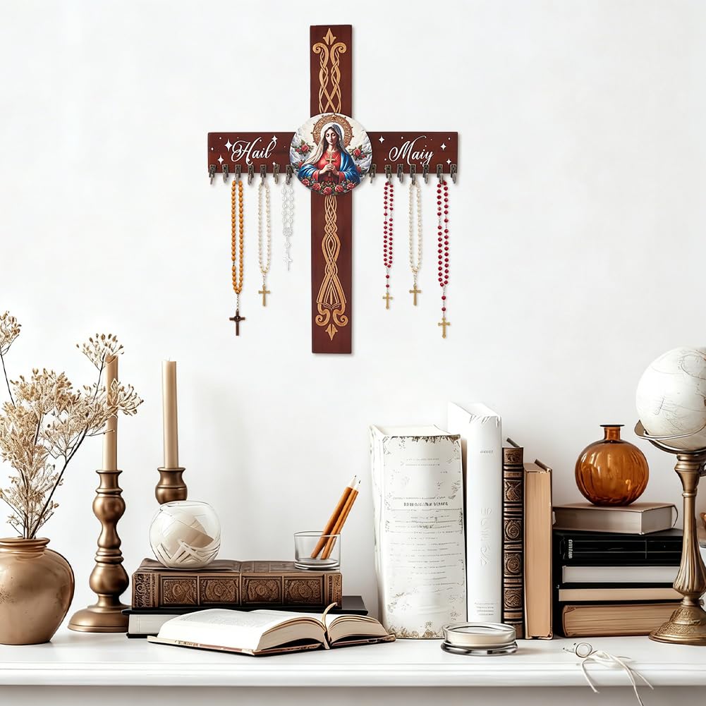 DICOSMETIC Wooden Rosary Holder Wall Mounted with 14 Hangers Wall Mounted Necklace Organizer 15.75"x11.81" Cross Decorative Hanger Large Catholic Rosary Holder for Necklace, Bracelet Storage