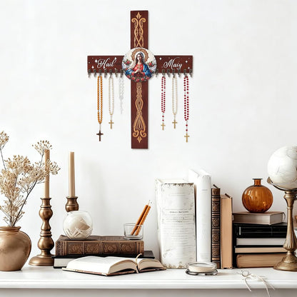 DICOSMETIC Wooden Rosary Holder Wall Mounted with 14 Hangers Wall Mounted Necklace Organizer 15.75"x11.81" Cross Decorative Hanger Large Catholic Rosary Holder for Necklace, Bracelet Storage