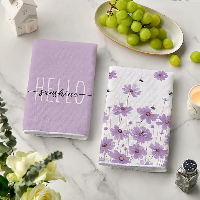 Artoid Mode Purple Flowers Bee Hello Sunshine Summer Kitchen Towels Dish Towels
