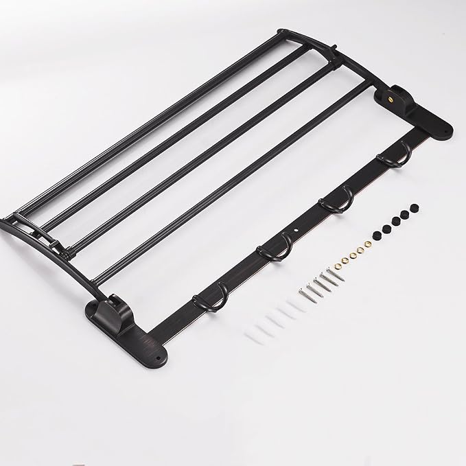 BESy 24 Inch Oil Rubbed Bronze Towel Racks, Bathroom Towel Shelf with Foldable Towel Bar Holder and Towel Hooks, Wall Mounted Multifunctional Bathroom Accessories, Double Towel Bars