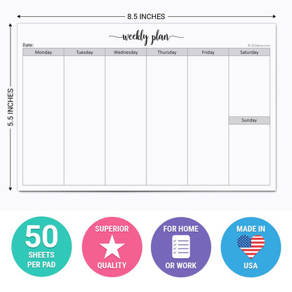 321Done Weekly Planning Notepad Landscape - 50 Sheets (8.5" x 5.5") - Horizontal Weekly Days of Week Paper Note Pad, Planner Organizing - Made in USA - Simple Script