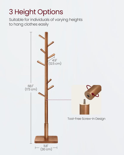 VASAGLE Solid Wood Coat Rack, Free Standing Hall Coat Tree with 8 Hooks, 3 Height Options, for Coats, Hats, Bags, Purses, for Entryway, Hallway, Rubberwood Hooks and Pole, Dark Walnut URCR010W01