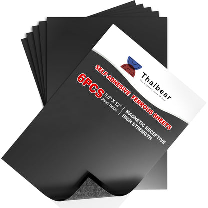 Thaibear Metal Sheets for Magnets, 6 Pack Magnetic Receptive Sheeting with Adhesive Backing, 8.5"x12", 30 Mil Thick, Flexible Rubber Sheet Iron for Craft and Magnetic Miniatures Storage