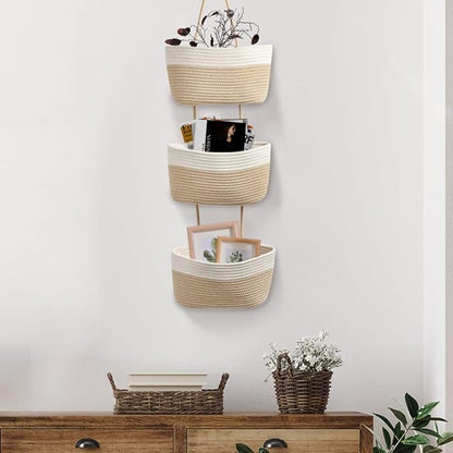 TeoKJ Over the Door Hanging Basket, 3-Tier Woven Cotton Wall-Mounted Storage