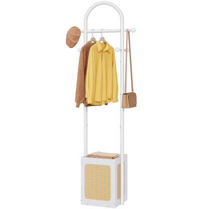 Tajsoon Coat Rack Freestanding, Coat Stand with Wooden Storage Basket, Coat Tree with 6 Hooks, Rattan Coat Hanger Stand for Living Room, Bedroom, Office, White