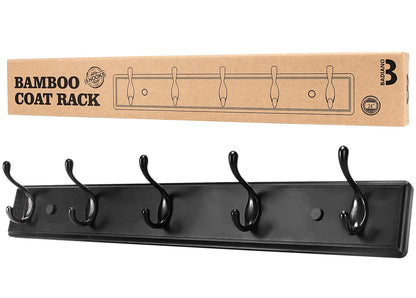 Badiano Wooden Coat Rack, Wall-Mounted Organizer for Closet, Entryway, Hallway, Foyer, Bedroom, Heavy Duty Double Hooks for Hanging Towels, Bags, Hats, Jackets, Key (Black, 5 Hooks)