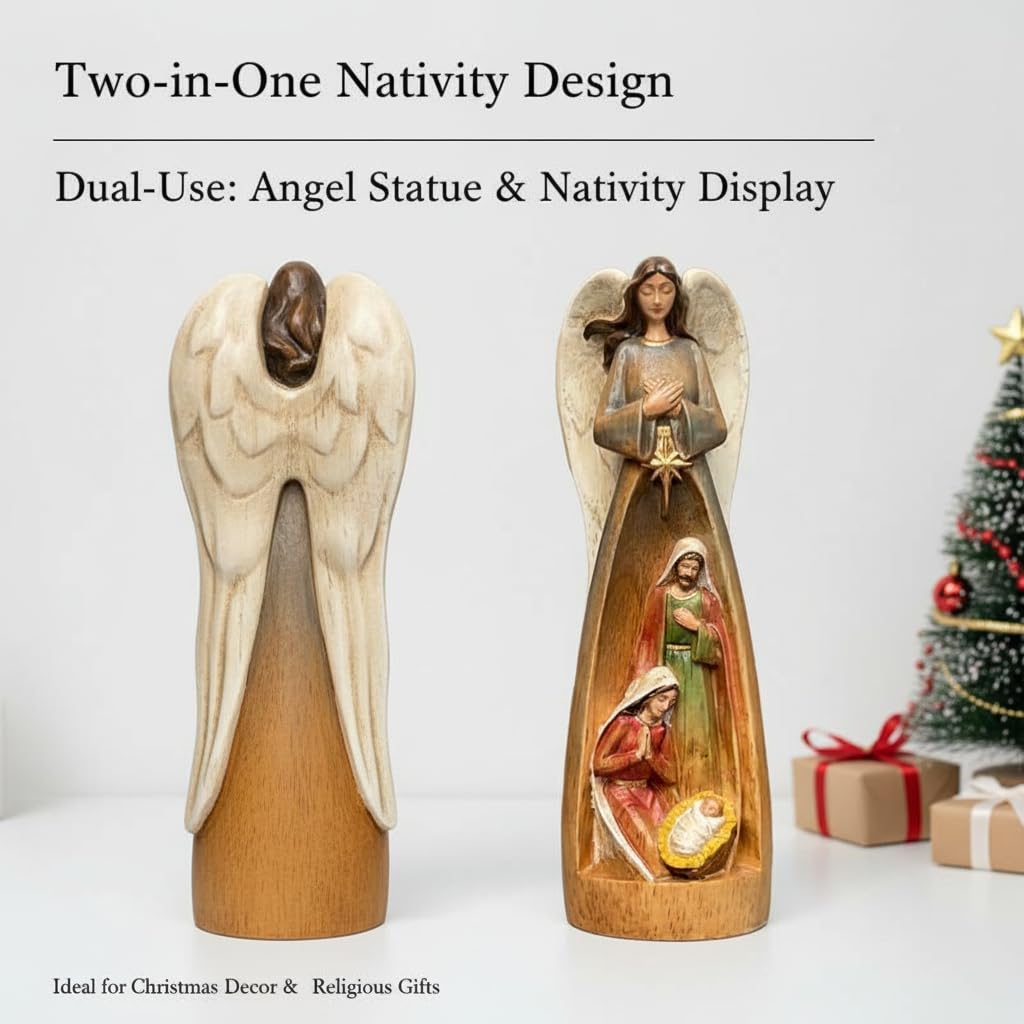 XXLTY Hand-Painted Wooden Carved Angel Nativity Scene Figurine Christmas Religious Decor Ornament for Home Table Display Holiday Decoration