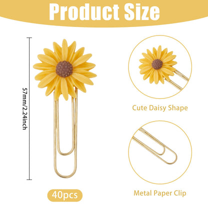 CONCHLERY 40 Pcs Daisy Flower Paper Clips Bookmark Paperclips Bookmark with Resin Flower Note Clips Book Markers for Office Home Bookworm Use, Golden
