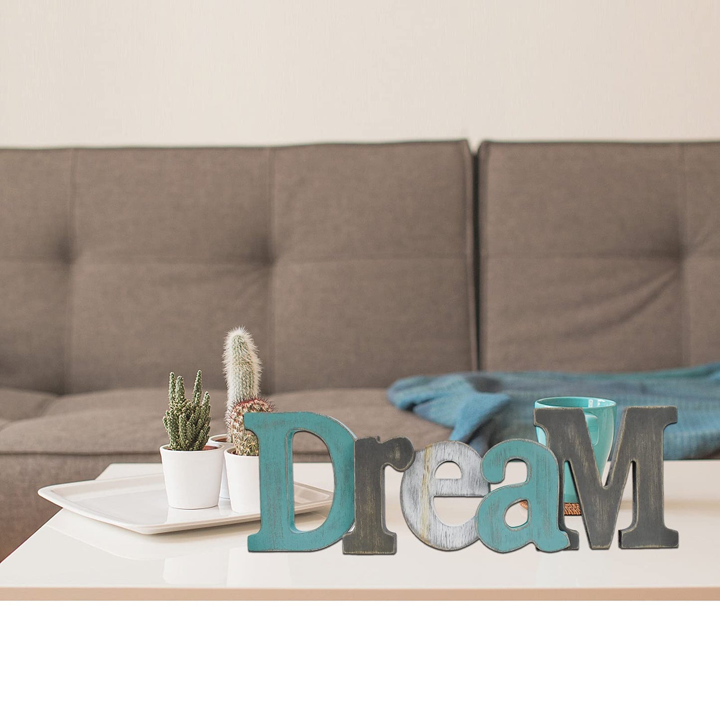 E-view Wooden Letters Sign Decorative Wood Block Signs Freestanding Word Cutout Distressed Teal Sign for Shelf Table Mantle Hanging Ornament Rustic Home Decor (Dream)