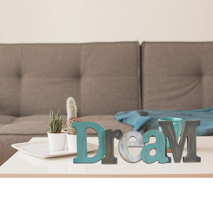 E-view Wooden Letters Sign Decorative Wood Block Signs Freestanding Word Cutout Distressed Teal Sign for Shelf Table Mantle Hanging Ornament Rustic Home Decor (Dream)