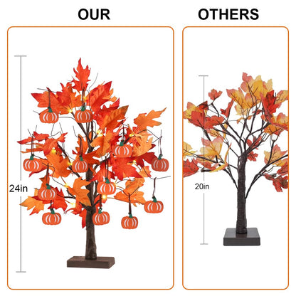 hogardeck Fall Decorations for Home, Thanksgiving Decorations, 24”2FT Lighted Maple Leaves Tree with 24 LEDs & 12 Wood Pumpkin Ornaments, Battery Powered Timer Artificial Trees for Autumn Table Decor