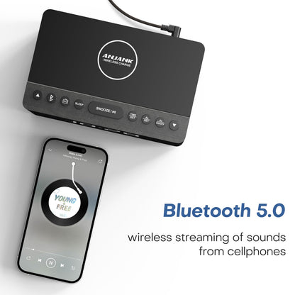 ANJANK Wooden Bluetooth Speaker Alarm Clock with Fm Radio, Wireless Charging Station for iPhone/Samsung, USB Charger Port, Dimmable Display, Sleep Timer, Digital Wood Bedroom, Bedside Grey+bluetooth