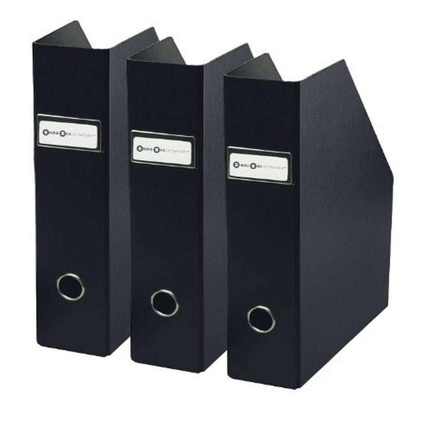 Bigso Fiona 3 Piece Fiberboard Upright Magazine Storage Boxes | Durable Magazine Holder for Papers with Metal Label Holder | Magazine File Holder for Office Desks | 3.3’’x10’’x12.4’’ | 3 Piece | Black