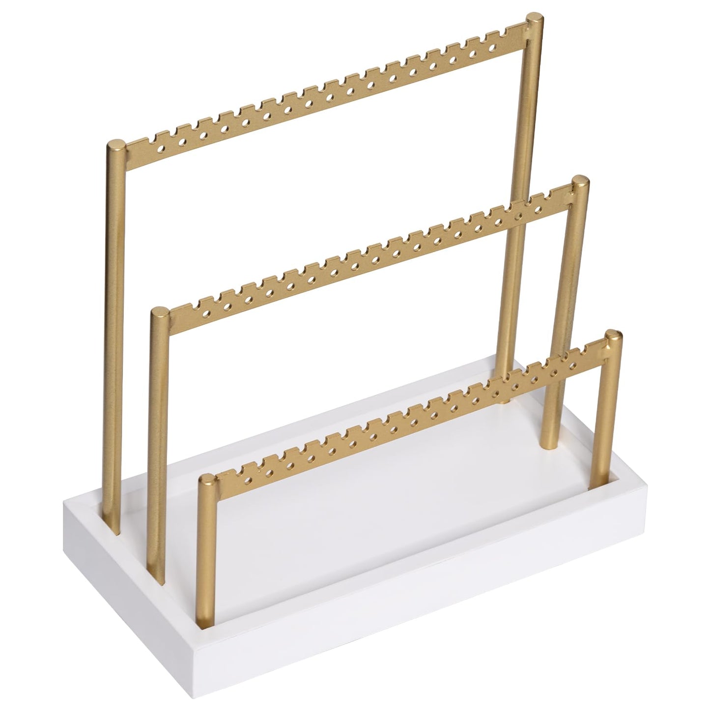SANY DAYO HOME 3-Tier Earring Holder Organizer Stand, 105 Holes Gold Metal Earring Rack Jewelry Display Tree with White Wood Tray for Women and Girls