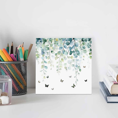 Wood Box Sign Desk Decor Sage Green Eucalyptus Leaves Butterfly Square Boxes Sign, Botanical Wooden Block Box Sign Decoration for Home Wall Tabletop Shelf Office Decor,6x6IN