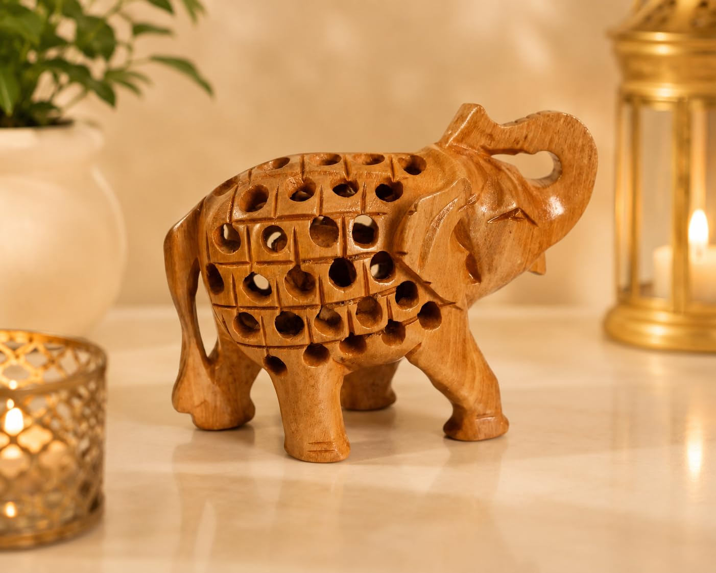 Yepsio Wooden Elephant Figurine Set, Hand Carved, 5 Pieces, 2-4 inches, Decorative Home Gift