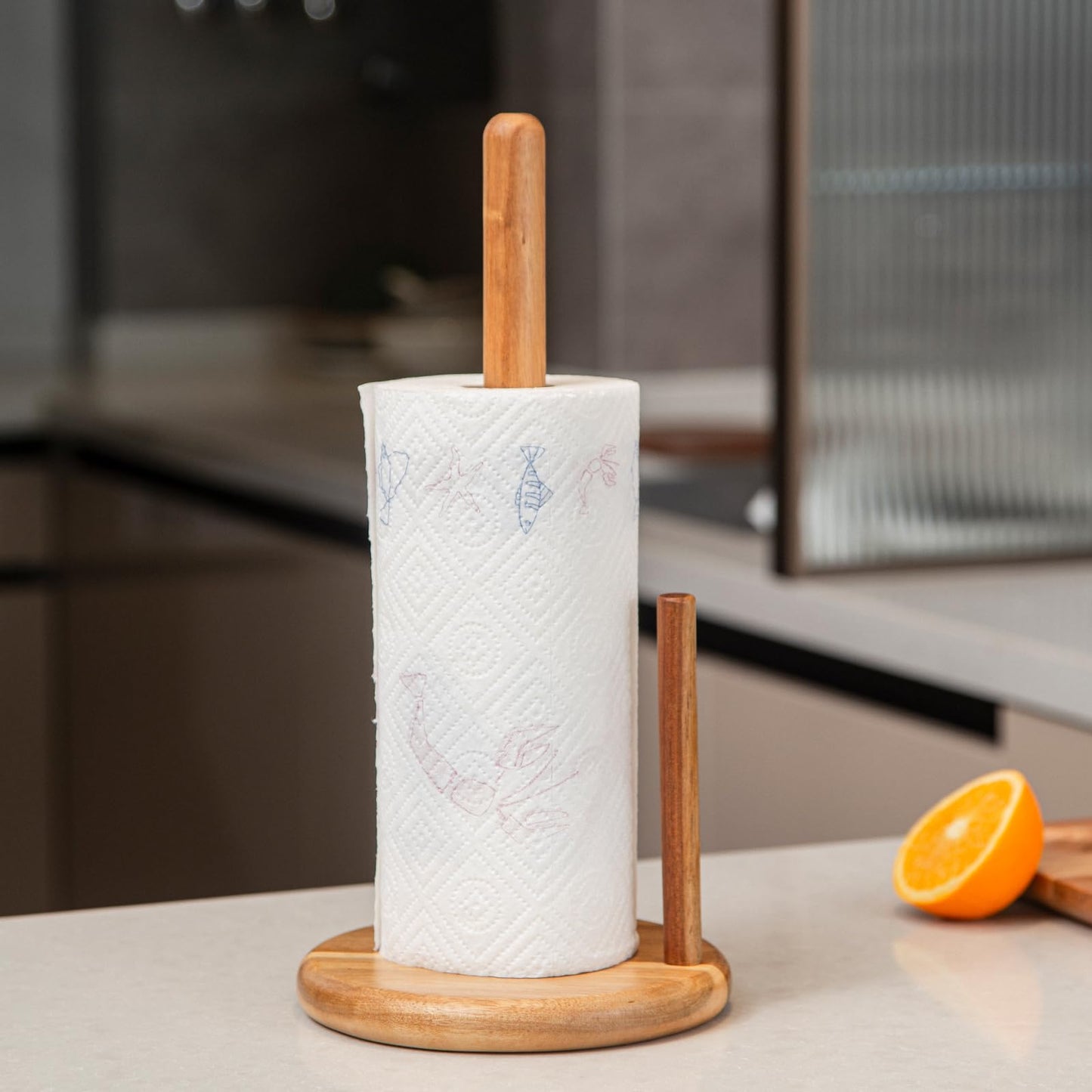 Paper Towel Holder Wood 14" Acacia Wooden Paper Towel Holder Countertop Kitchen Paper Towel Roll 6.7" Large Rustic Farmhouse Paper Towel Holders Heavy Base Stand Organizer Free Standing