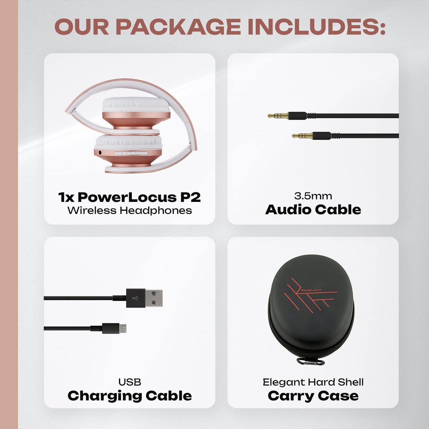 PowerLocus Bluetooth Over-Ear Headphones, Wireless Stereo Foldable Headphones Wireless and Wired Headsets with Built-in Mic, Micro SD/TF, FM for iPhone/Samsung/iPad/PC (Rose Gold)