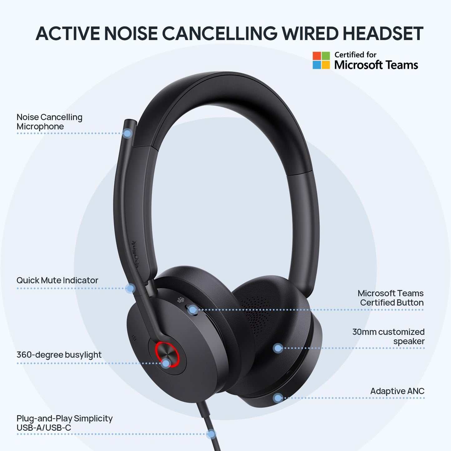 Yealink UH48 ANC Wired Headset with Microphone, Active Noise Cancelling USB Headphones for PC, MS Teams Certified Works with All Other Call Platforms, All Day Comfort, Mute Button