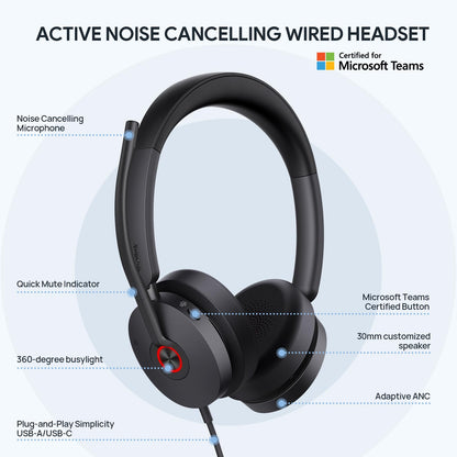 Yealink UH48 ANC Wired Headset with Microphone, Active Noise Cancelling USB Headphones for PC, MS Teams Certified Works with All Other Call Platforms, All Day Comfort, Mute Button