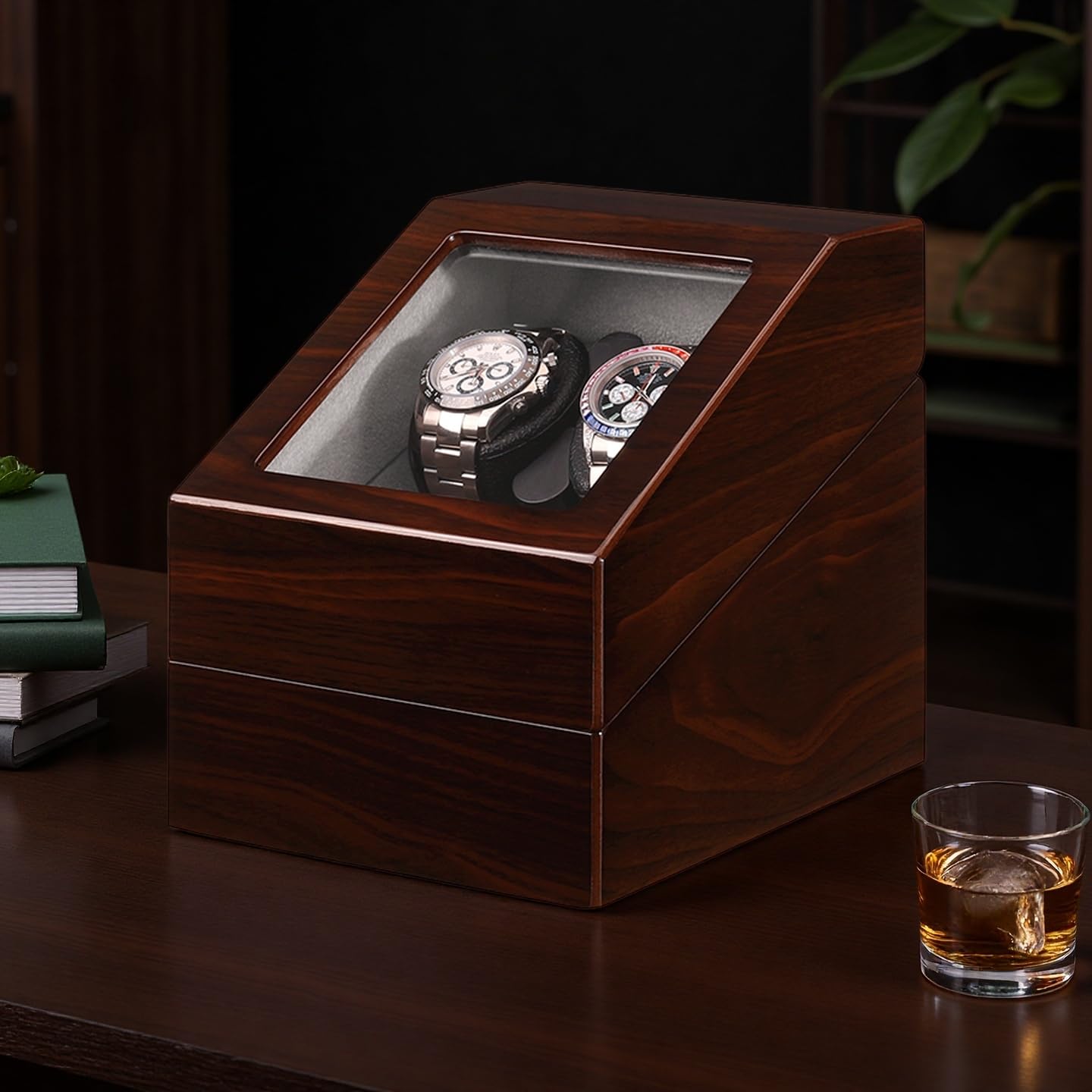 Mineesi Watch Winder Box for Automatic Watches, 2-Watch Winder with Quiet Motor, Handcrafted Piano-Finish Wooden Watch Winder Spinner Box with 2 Storage Case for Men's and Women's Watches (Ebony)