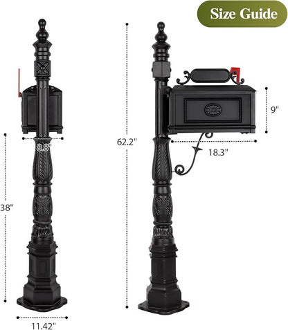 Polar Aurora Barcelona Decorative Post Mailbox Combination Stratford Heavy Duty Postal Mail Box Cast Aluminum(Black)