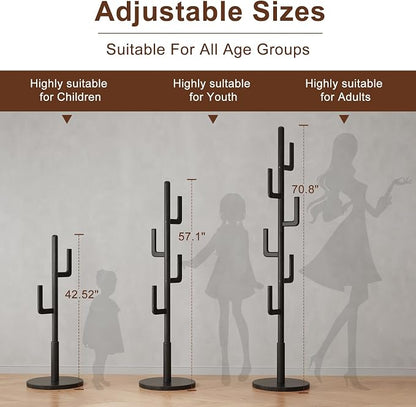 Muwuele Solid Wood Cactus Coat Rack, Freestanding Coat Rack With 6 L-Shaped Hooks and 3 Adjustable Sizes, Coat Tree for Bedroom, Entryway, Livingroom, Coat Hanger Stand for Coats, Handbags (Black)