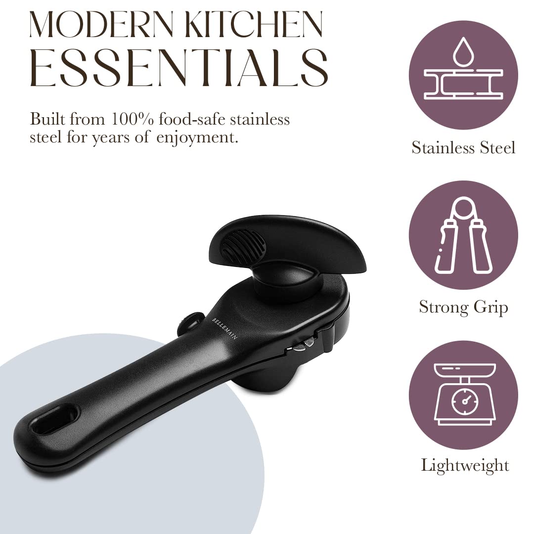 Bellemain Stainless Steel Can Opener – Manual Can Opener For seniors - Ergonomic Smooth edge Can Opener Hand Held Heavy Duty – Easy to use can opener safe cut