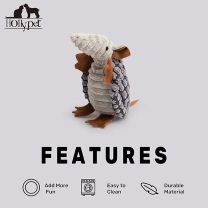 Hollypet Plush Dog Squeaky Toy Stuffed Armadillo Animal Pet Puppy Chew Toys with Clean Teeth for Small Medium Large All Breed Sizes Dogs, Dark Gray, 6 in