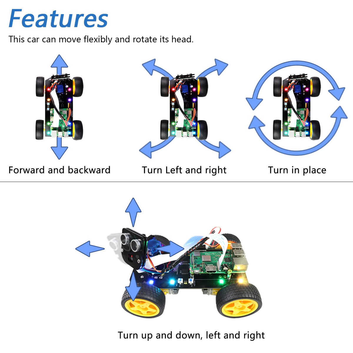 Freenove 4WD Smart Car Kit for Raspberry Pi 5 4 B 3 B+ Zero 2 W, Face Tracking, Line Tracking, Light Tracing, Obstacle Avoidance, App Control, Camera, Servo (Raspberry Pi NOT Included)